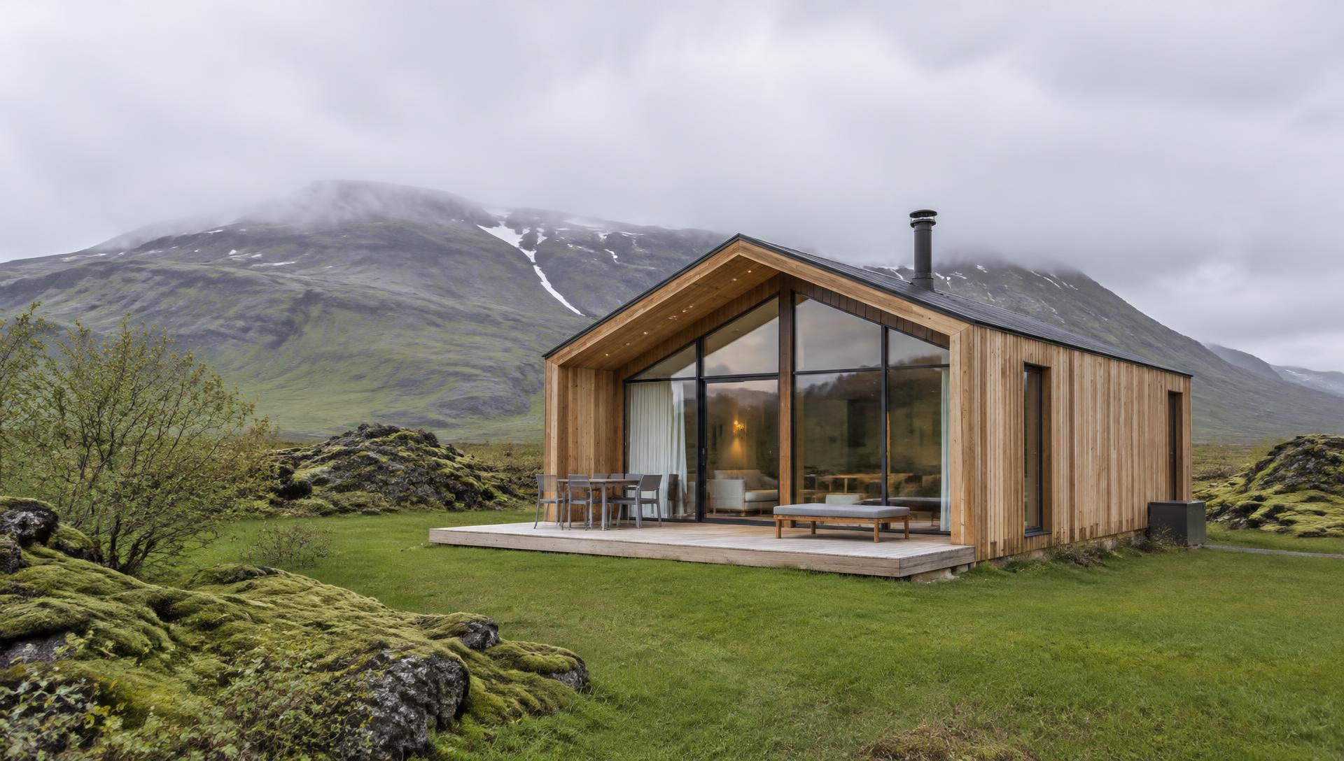 Nútímalegt timburhús í íslensku landslagi